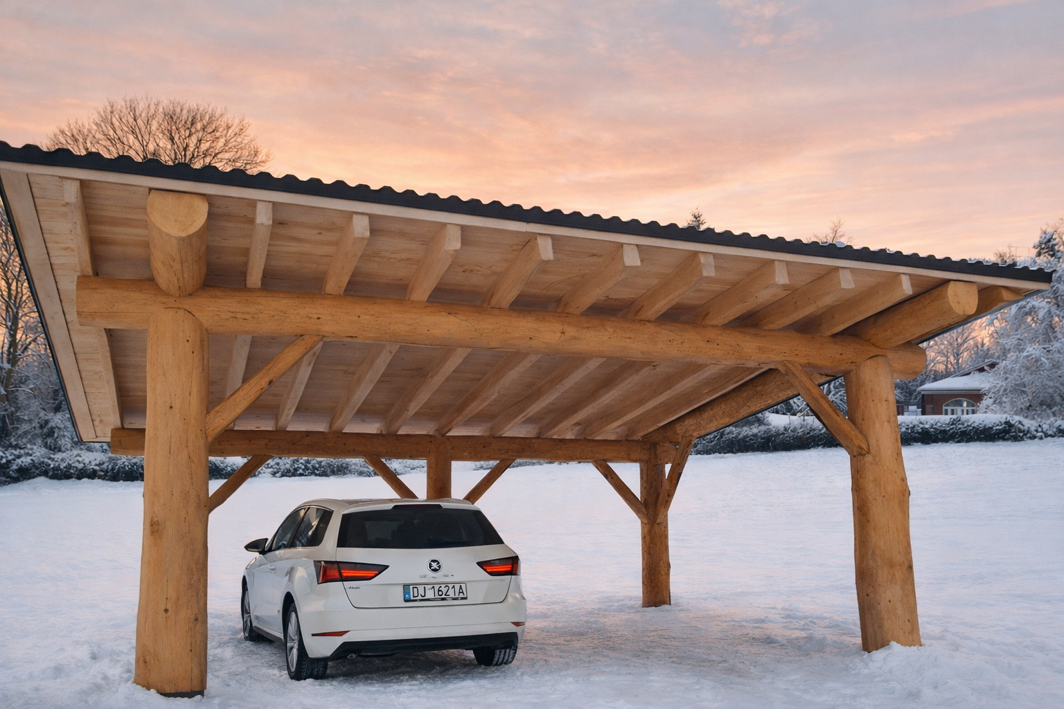 Wiata samochodowa wykonana z bali drewnianych przez firmę Customowe Drewno